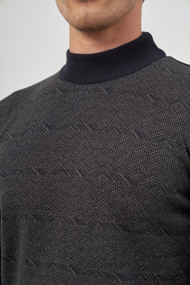 Koyu Lacivert Uzun Kol Kendinden Desenli Örme Yarım Balıkçı Yaka Classic Comfort Fit Triko 1012245152
