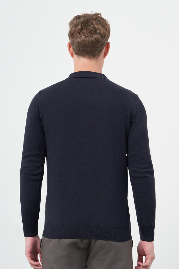 Koyu Lacivert Uzun Kol Kendinden Desenli Örme Polo Yaka Classic Comfort Fit Triko 1012245160