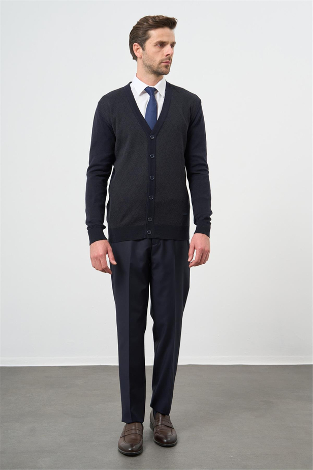 Koyu Lacivert Uzun Kol Kendinden Desenli Örme V Yaka Classic Comfort Fit Triko 1012245161