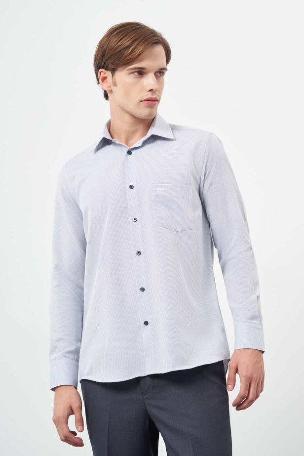 Koyu Lacivert Uzun Kol Kendinden Desenli Bez Ayağı Sert Yaka Cepli Pamuklu Classic Comfort Fit Gömlek 1004245213