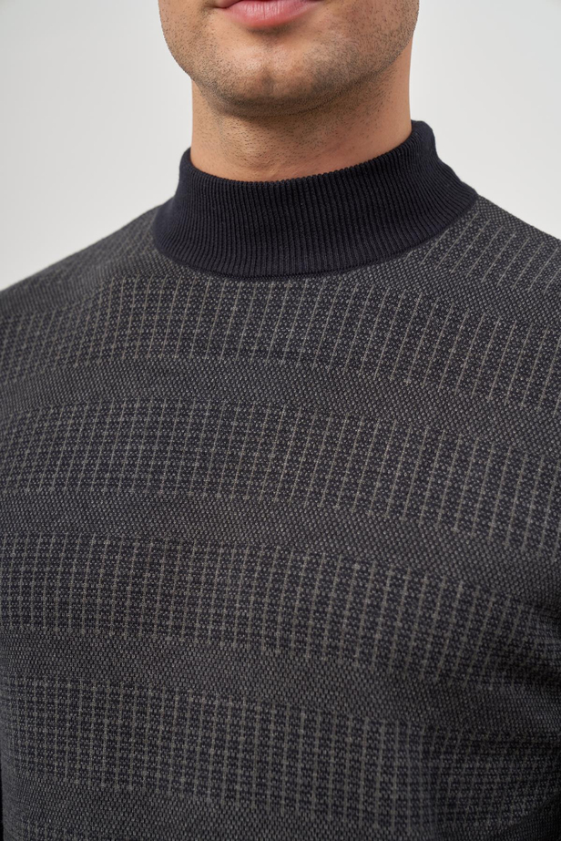 Koyu Lacivert Uzun Kol Kendinden Desenli Örme Yarım Balıkçı Yaka Classic Comfort Fit Triko 1012245153