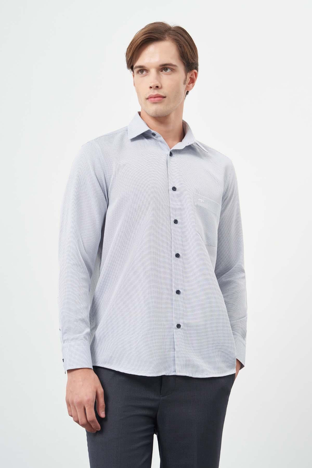 Koyu Lacivert Uzun Kol Kendinden Desenli Bez Ayağı Sert Yaka Cepli Pamuklu Classic Comfort Fit Gömlek 1004245213