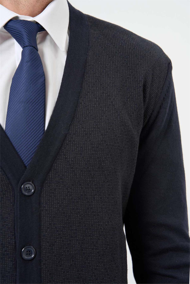 Koyu Lacivert Uzun Kol Kendinden Desenli Örme V Yaka Classic Comfort Fit Triko 1012245161