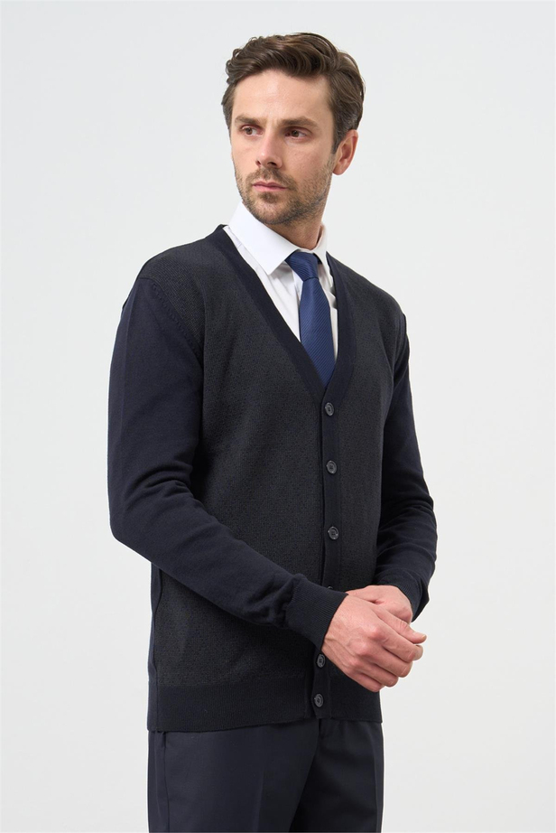 Koyu Lacivert Uzun Kol Kendinden Desenli Örme V Yaka Classic Comfort Fit Triko 1012245161