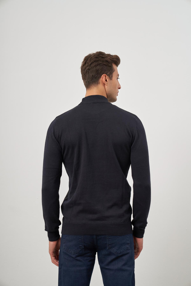Koyu Lacivert Uzun Kol Kendinden Desenli Örme Yarım Balıkçı Yaka Classic Comfort Fit Triko 1012245153