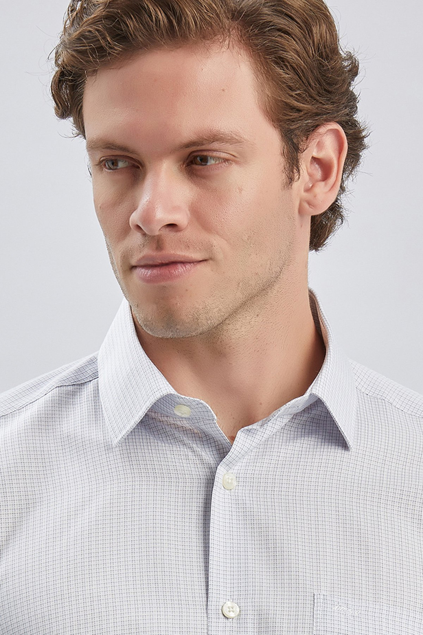 Koyu Lacivert Uzun Kollu Ekoseli Sert Yaka Cepli Pamuklu Klasik Comfort Fit Rahat Kesim Gömlek 1004240226