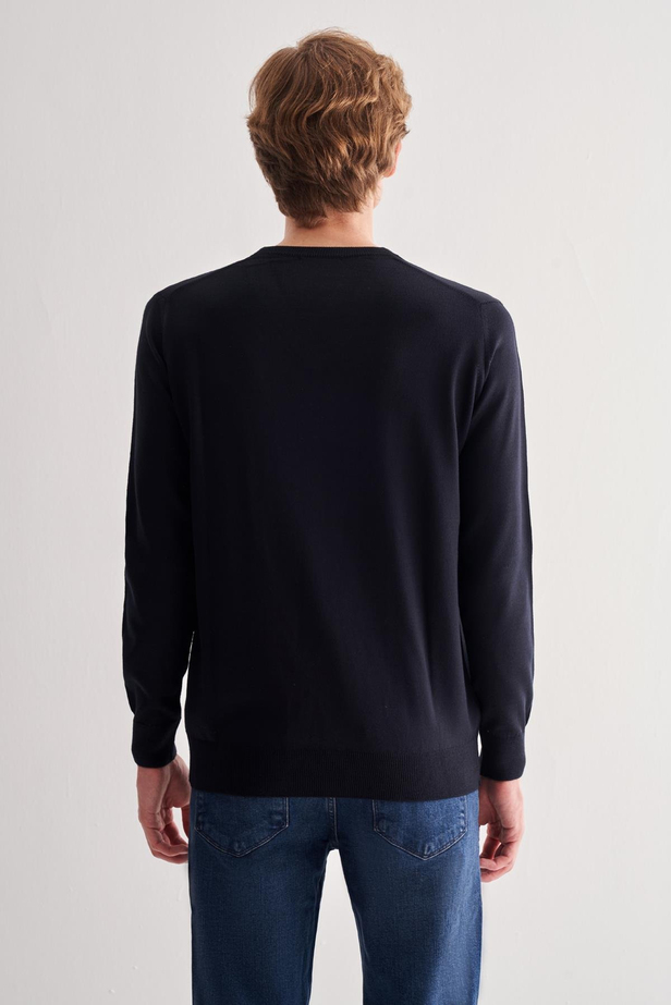 Koyu Lacivert V Yaka Uzun Kol Cepsiz Comfort Fit Classic Yünlü Triko Kazak 1012255002