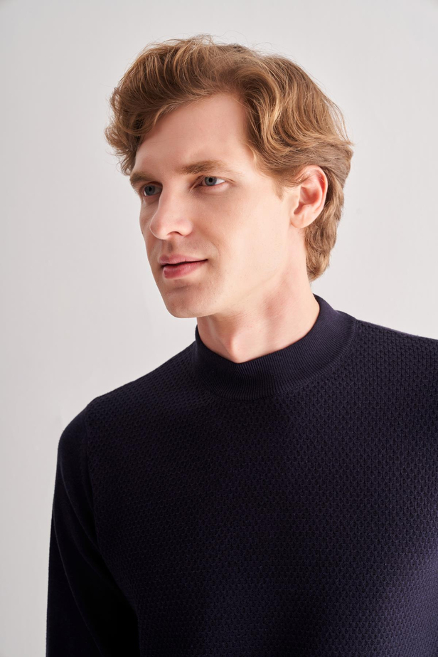 Koyu Lacivert Yarım Balıkçı Yaka Uzun Kol Cepsiz Comfort Fit Classic Pamuklu Triko Kazak 1012255208