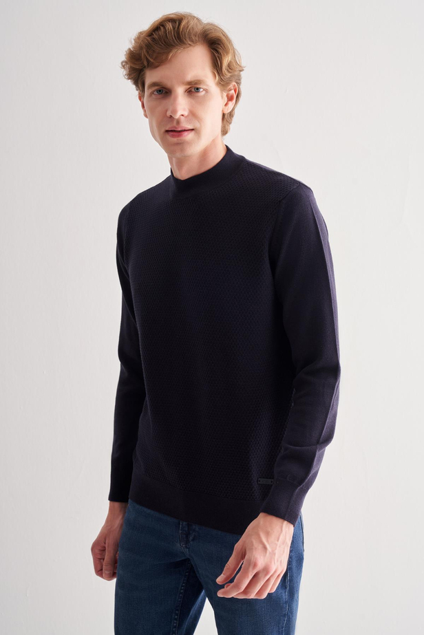 Koyu Lacivert Yarım Balıkçı Yaka Uzun Kol Cepsiz Comfort Fit Classic Pamuklu Triko Kazak 1012255208