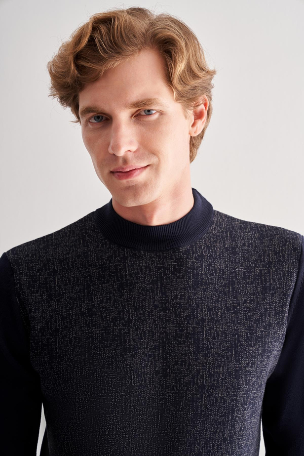 Koyu Lacivert Yarım Balıkçı Yaka Uzun Kol Cepsiz Comfort Fit Pamuklu Triko Kazak 1012255215