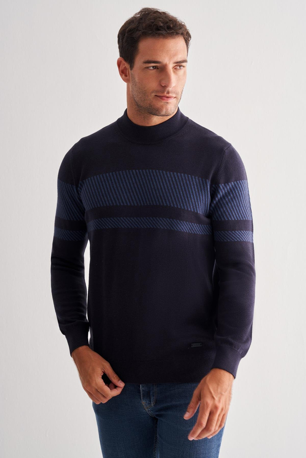 Koyu Lacivert Yarım Balıkçı Yaka Uzun Kol Cepsiz Comfort Fit Pamuklu Triko Kazak 1012255213