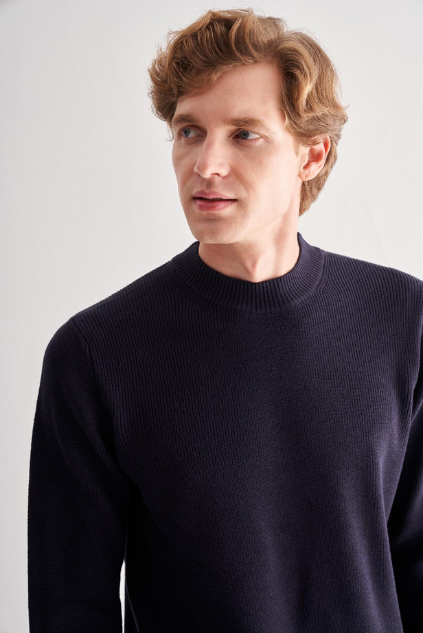 Koyu Lacivert Yarım Balıkçı Yaka Uzun Kol Cepsiz Comfort Fit Casual Pamuklu Triko Kazak 1012255203