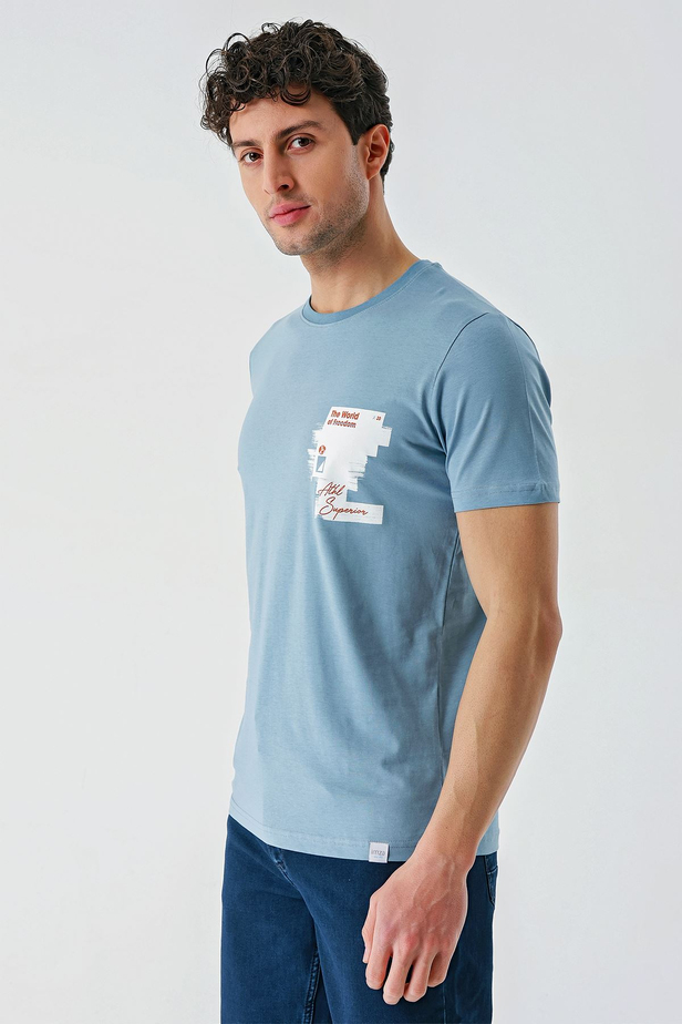 Koyu Mavi Baskılı Bez Ayağı Bisiklet Yaka %100 Pamuk Casual Slim Fit Dar Kesim Tişört 1011240166