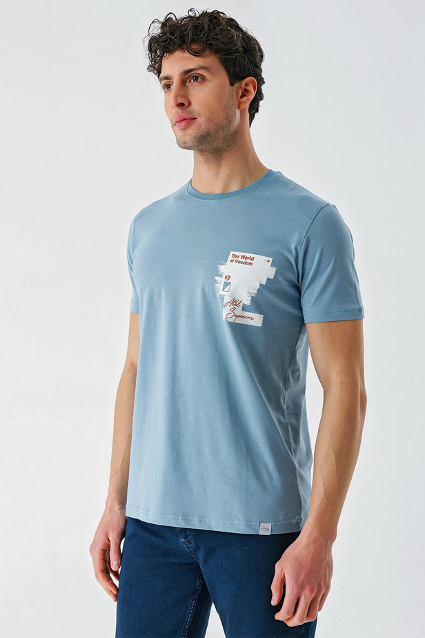 Koyu Mavi Baskılı Bez Ayağı Bisiklet Yaka %100 Pamuk Casual Slim Fit Dar Kesim Tişört 1011240166