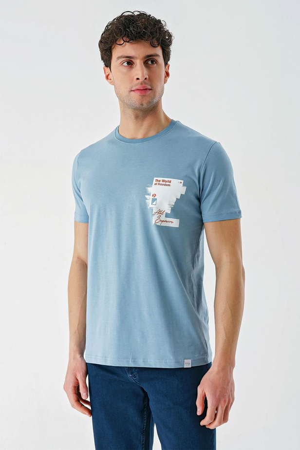 Koyu Mavi Baskılı Bez Ayağı Bisiklet Yaka %100 Pamuk Casual Slim Fit Dar Kesim Tişört 1011240166