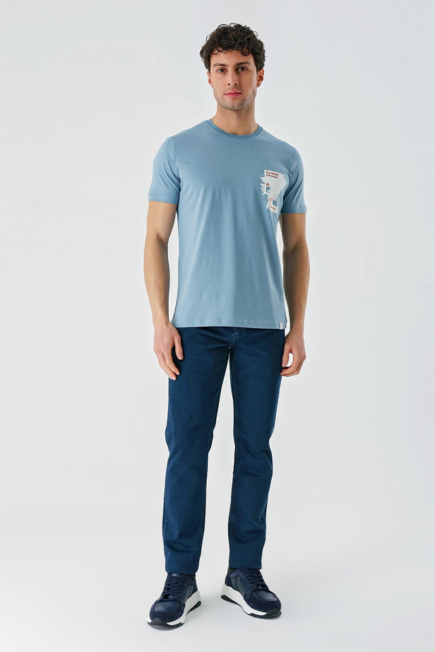 Koyu Mavi Baskılı Bez Ayağı Bisiklet Yaka %100 Pamuk Casual Slim Fit Dar Kesim Tişört 1011240166