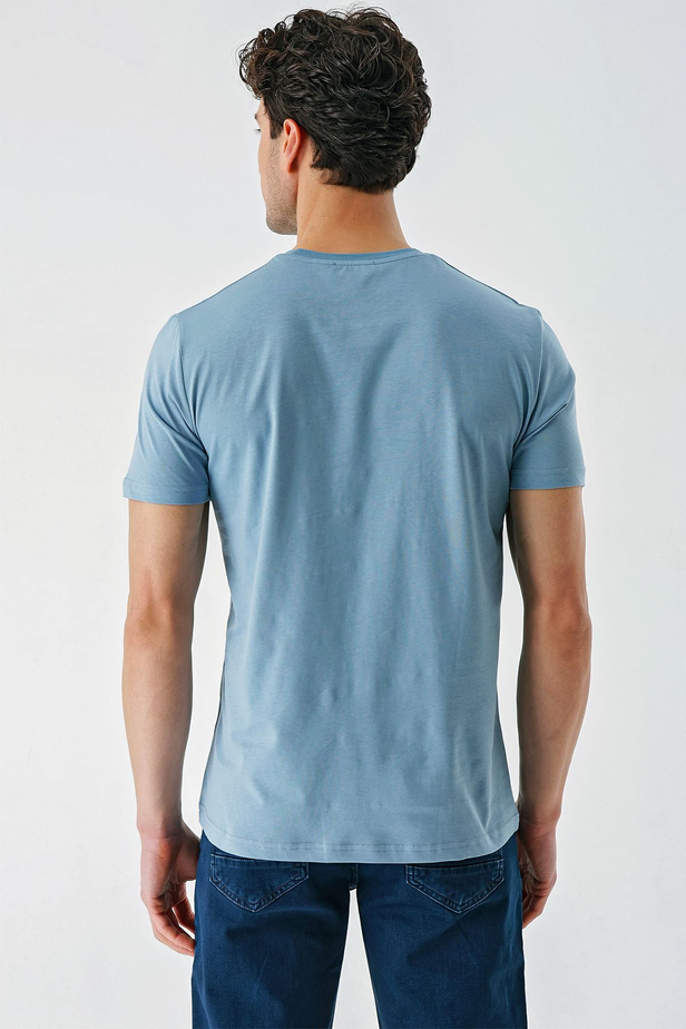 Koyu Mavi Baskılı Bez Ayağı Bisiklet Yaka %100 Pamuk Casual Slim Fit Dar Kesim Tişört 1011240166