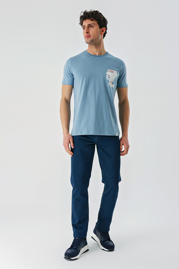 Koyu Mavi Baskılı Bez Ayağı Bisiklet Yaka %100 Pamuk Casual Slim Fit Dar Kesim Tişört 1011240166