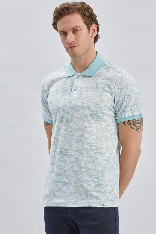 Koyu Mavi Baskılı Pike Polo Yaka Garnili %100 Pamuk Casual Slim Fit Dar Kesim Tişört 1011240157
