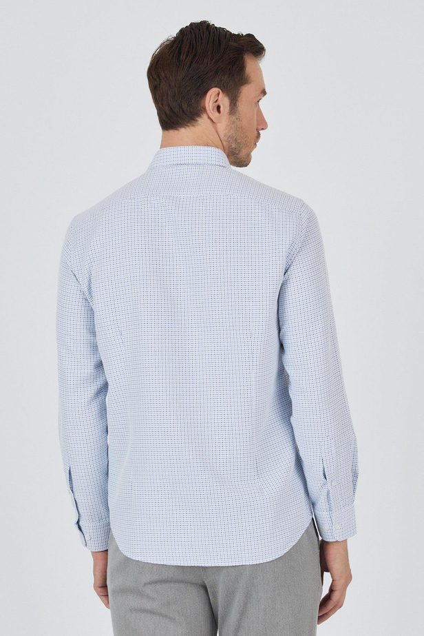 Koyu Mavi Düğmeli Yaka Kendinden Desenli Classic Pamuklu Slim Fit Gömlek 1004250217