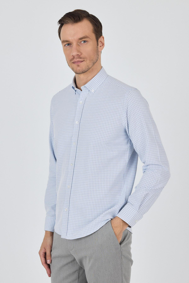 Koyu Mavi Düğmeli Yaka Kendinden Desenli Classic Pamuklu Slim Fit Gömlek 1004250217