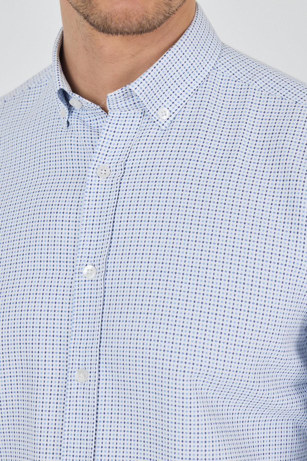 Koyu Mavi Düğmeli Yaka Kendinden Desenli Classic Pamuklu Slim Fit Gömlek 1004250217