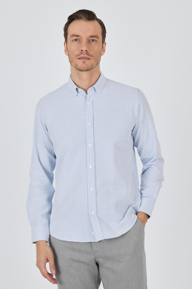 Koyu Mavi Düğmeli Yaka Kendinden Desenli Classic Pamuklu Slim Fit Gömlek 1004250217