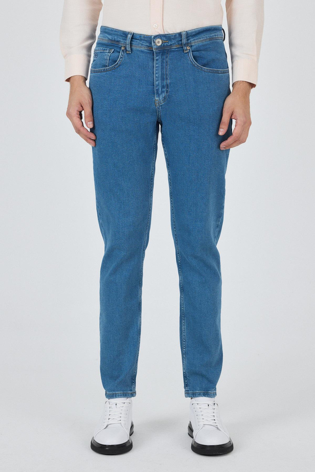 Koyu Mavi Gabardin 5 Cep Düz Paça Casual Slim Fit Pamuklu Denim Pantolon 1023250155
