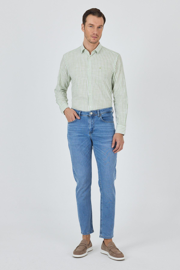 Koyu Mavi Gabardin 5 Cep Düz Paça Casual Slim Fit Pamuklu Denim Pantolon 1023250156