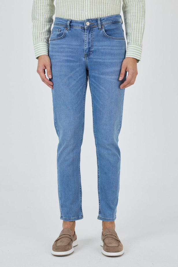 Koyu Mavi Gabardin 5 Cep Düz Paça Casual Slim Fit Pamuklu Denim Pantolon 1023250156