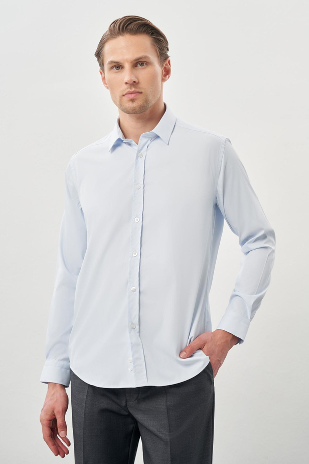 Koyu Mavi Uzun Kol Düz Bez Ayağı Sert Yaka Cepsiz Esnek Classic Slim Fit Gömlek 1004245223_300