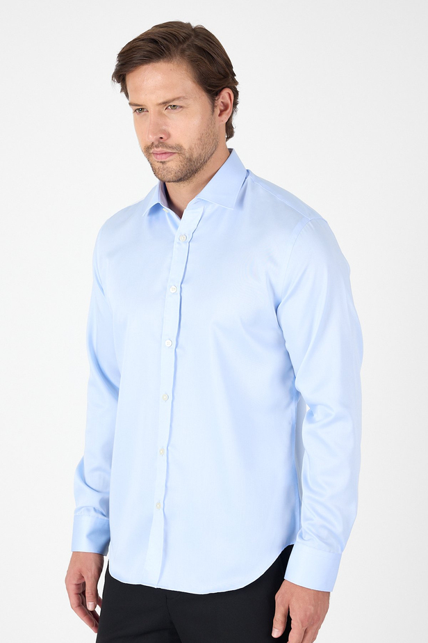 Koyu Mavi Uzun Kol İtalyan Yaka Cepsiz Non Iron Slim Fit %100 Pamuk Gömlek 1004250269