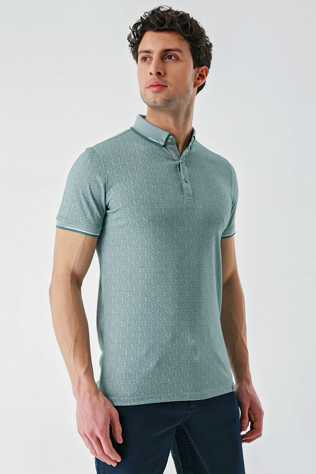 Koyu Vizon Baskılı Oxford Düğmeli Yaka Cepli Pamuklu Casual Slim Fit Dar Kesim Tişört 1011240177