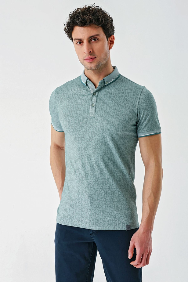 Koyu Vizon Baskılı Oxford Düğmeli Yaka Cepli Pamuklu Casual Slim Fit Dar Kesim Tişört 1011240177