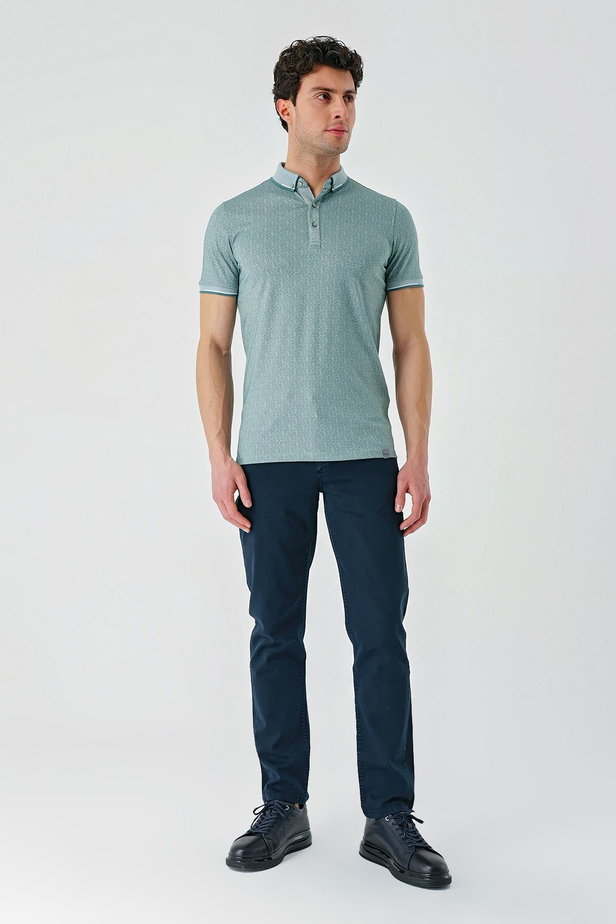 Koyu Vizon Baskılı Oxford Düğmeli Yaka Cepli Pamuklu Casual Slim Fit Dar Kesim Tişört 1011240177