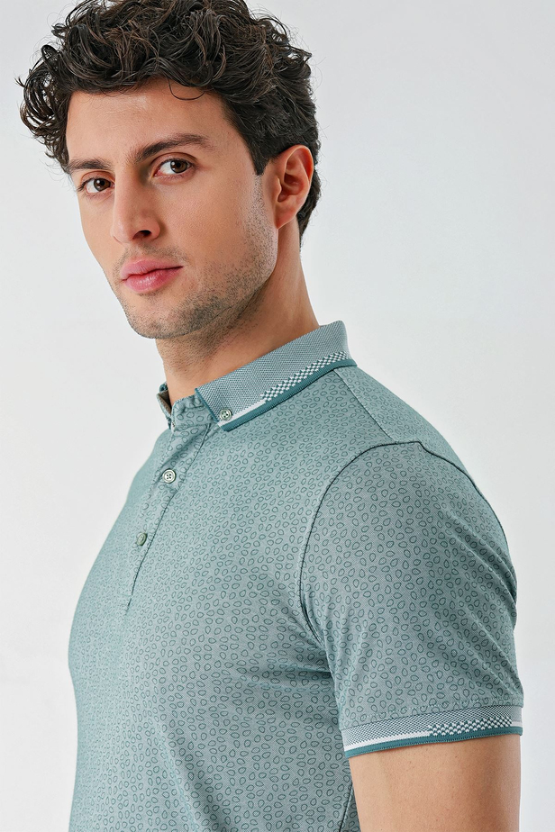 Koyu Vizon Baskılı Oxford Düğmeli Yaka Cepli Pamuklu Casual Slim Fit Dar Kesim Tişört 1011240177