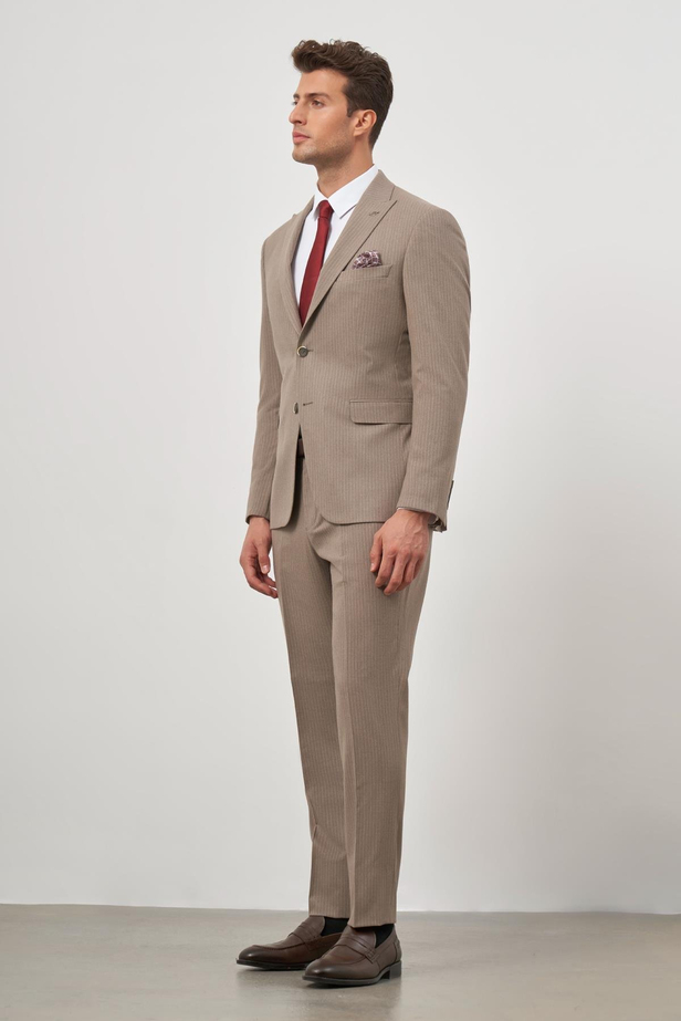 Koyu Vizon Çizgili Mono Yaka Astarlı 6 Drop Slim Fit Dar Kesim Takım Elbise 1001245106