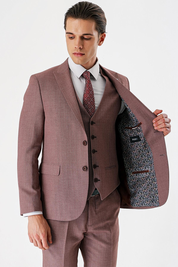 Koyu Vizon Desenli Kırlangıç Yaka Yelekli 6 Drop Slim Fit Dar Kesim Klasik Takım Elbise 1001240157