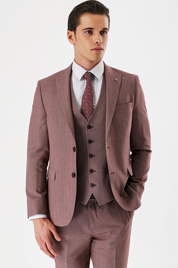 Koyu Vizon Desenli Kırlangıç Yaka Yelekli 6 Drop Slim Fit Dar Kesim Klasik Takım Elbise 1001240157