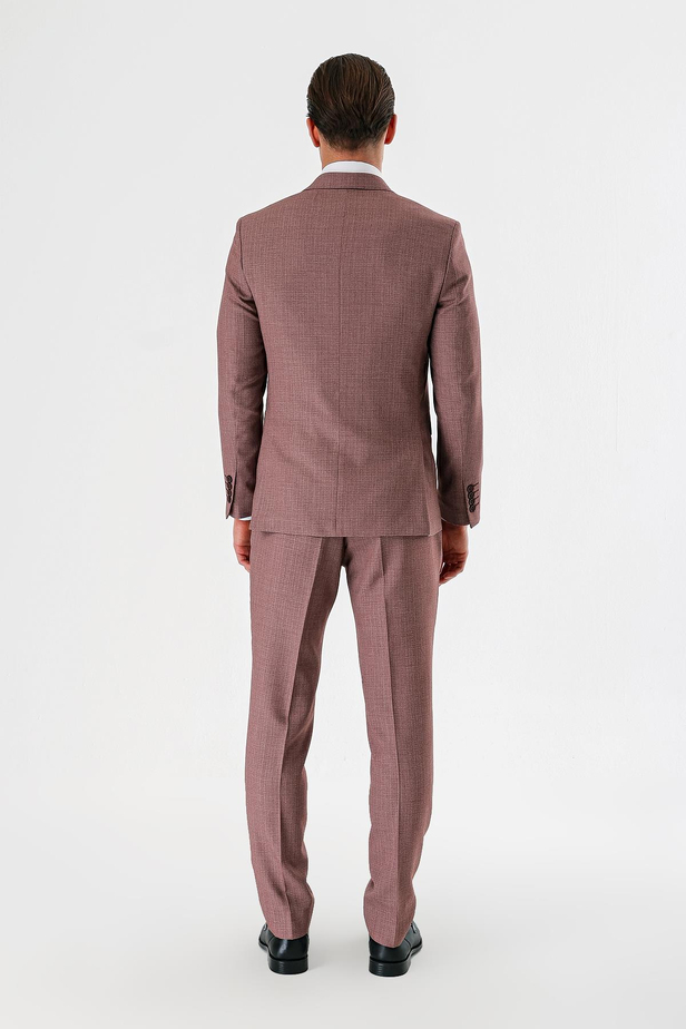 Koyu Vizon Desenli Kırlangıç Yaka Yelekli 6 Drop Slim Fit Dar Kesim Klasik Takım Elbise 1001240157