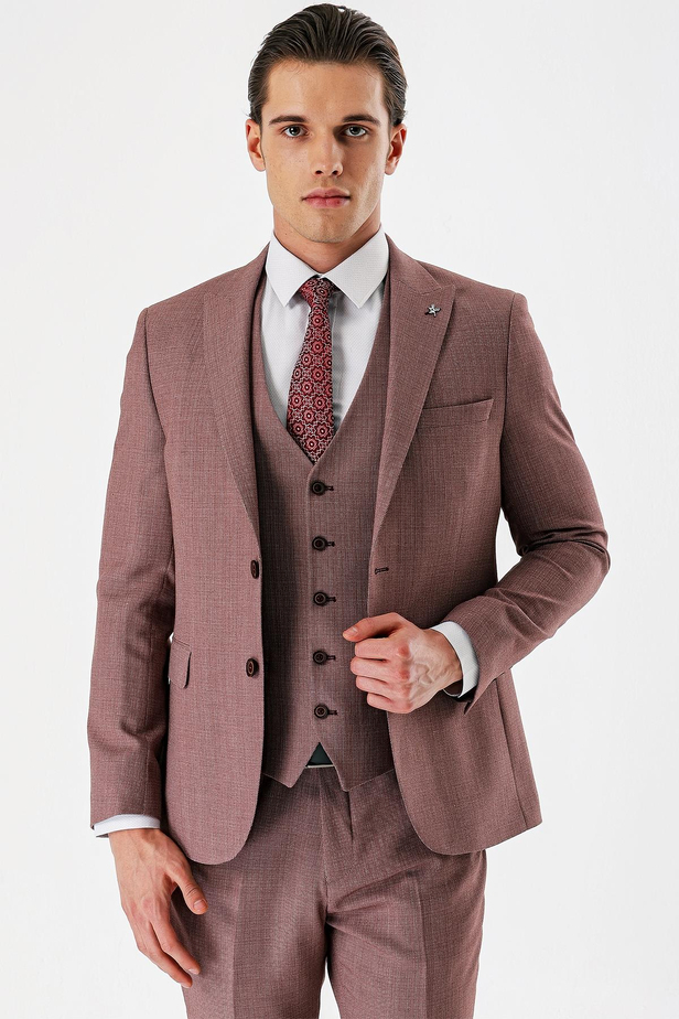 Koyu Vizon Desenli Kırlangıç Yaka Yelekli 6 Drop Slim Fit Dar Kesim Klasik Takım Elbise 1001240157