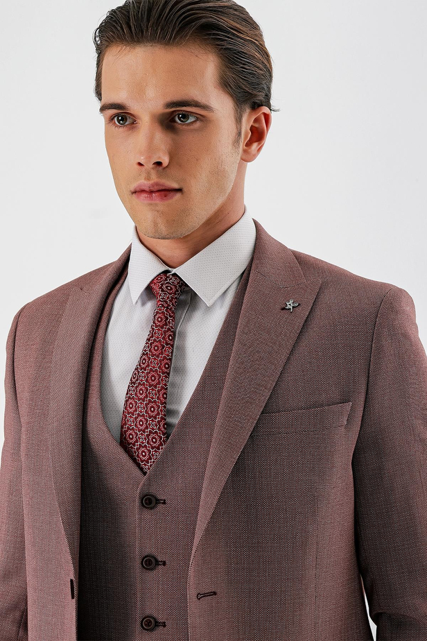 Koyu Vizon Desenli Kırlangıç Yaka Yelekli 6 Drop Slim Fit Dar Kesim Klasik Takım Elbise 1001240157