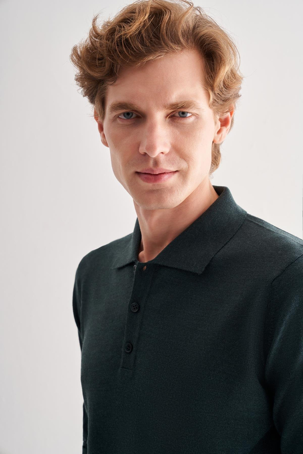 Koyu Yeşil Polo Yaka Cepsiz Comfort Fit Classic Pamuklu Triko Kazak 1012255007