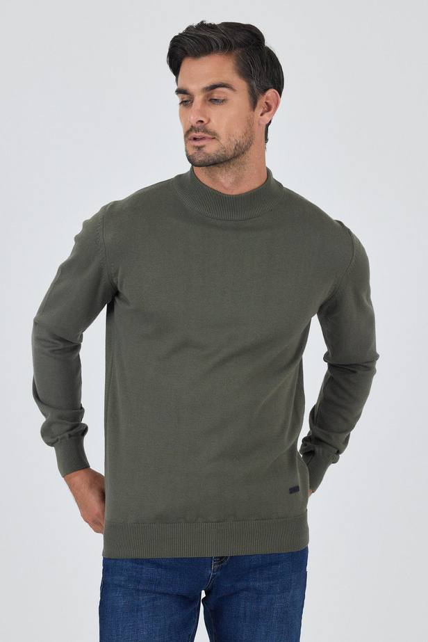 Koyu Yeşil Uzun Kol Düz Örme Yarım Balıkçı Yaka Classic Comfort Fit Triko 1012245001