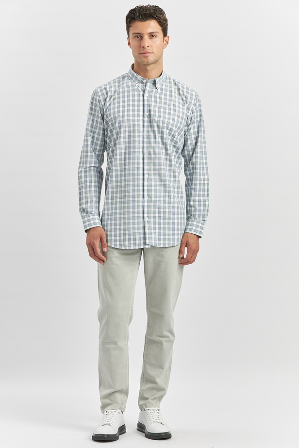 Koyu Yeşil Uzun Kol Ekose Desen Bez Ayağı Smart Düğmeli Yaka Classic Comfort Fit Gömlek 1004240253