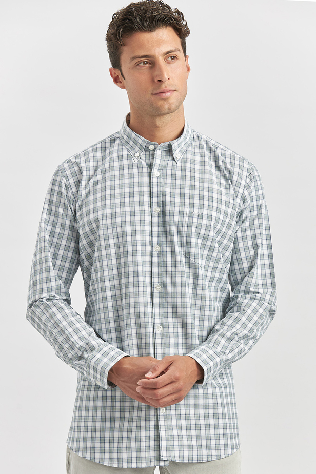 Koyu Yeşil Uzun Kol Ekose Desen Bez Ayağı Smart Düğmeli Yaka Classic Comfort Fit Gömlek 1004240253