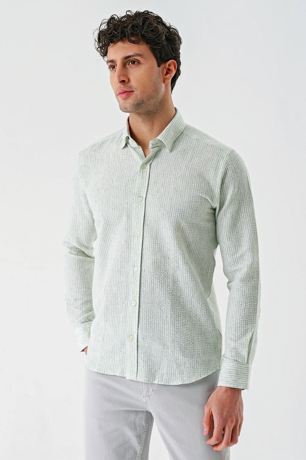 Koyu Yeşil Uzun Kollu Çizgili Biritli Yaka Pamuklu Likralı Casual Slim Fit Dar Kesim Gömlek 1004240233