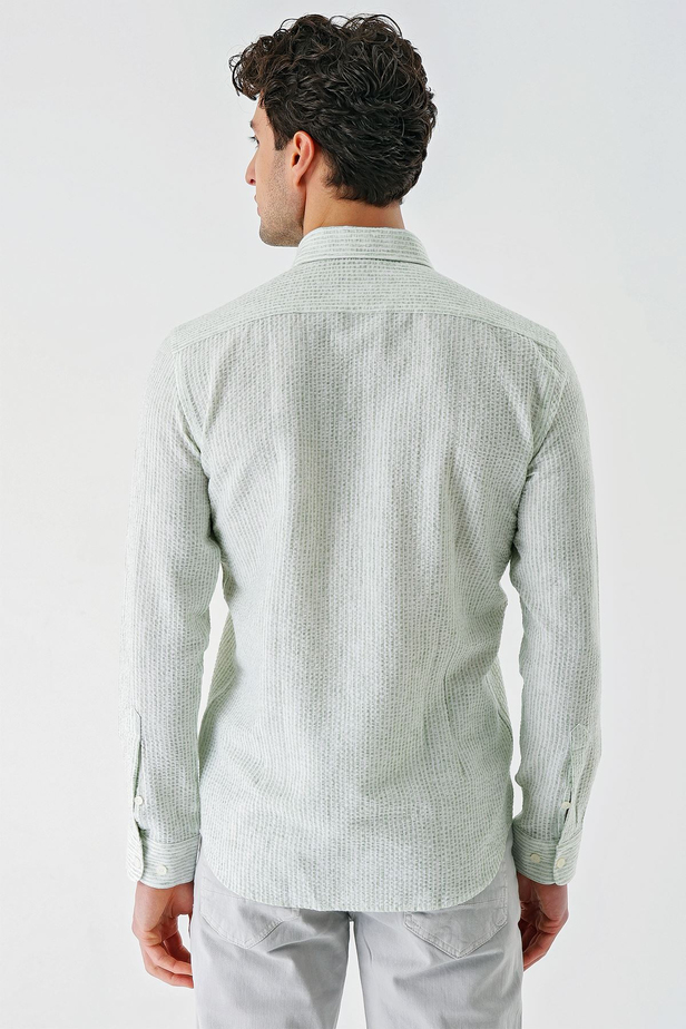 Koyu Yeşil Uzun Kollu Çizgili Biritli Yaka Pamuklu Likralı Casual Slim Fit Dar Kesim Gömlek 1004240233