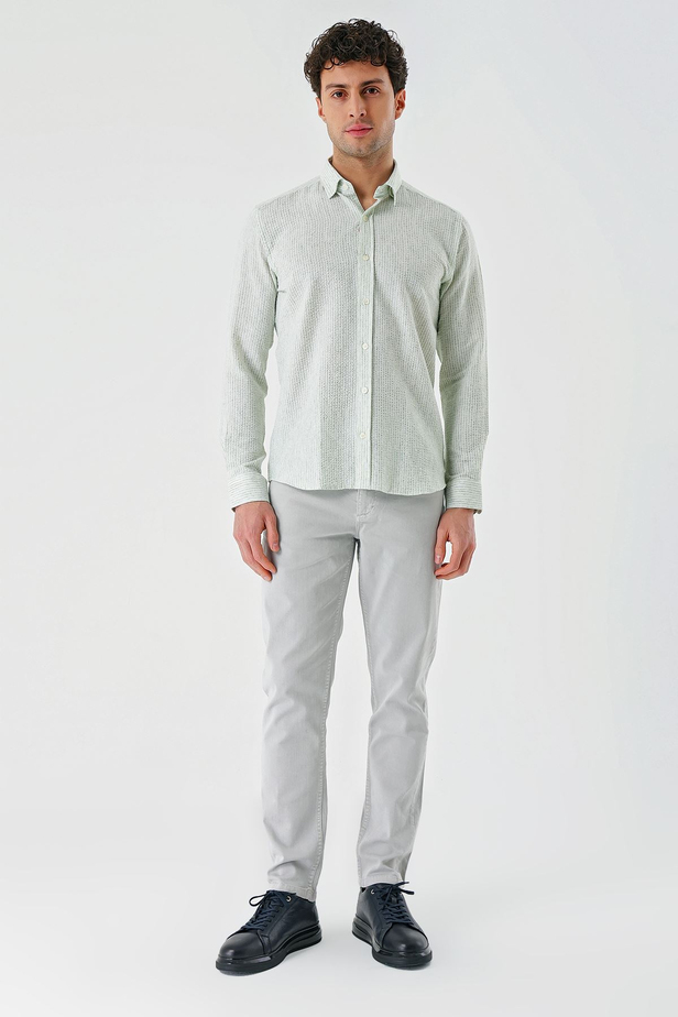 Koyu Yeşil Uzun Kollu Çizgili Biritli Yaka Pamuklu Likralı Casual Slim Fit Dar Kesim Gömlek 1004240233