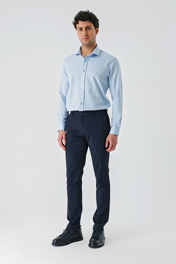 Lacivert Armürlü Pamuklu Yan Cepli Slim Fit Dar Kesim Casual Pantolon 1003240156